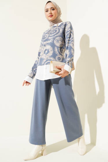Yaka Broşlu Desenli Garnili İkili Takım İndigo - İkili Takım