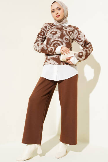 Yaka Broşlu Desenli Garnili İkili Takım Kahve - İkili Takım