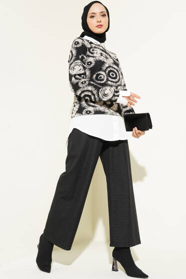 Yaka Broşlu Desenli Garnili İkili Takım Siyah - İkili Takım