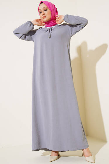 Yaka Büzgülü Ayrobin Elbise Gri - Tesettür Elbise