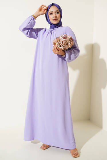 Yaka Büzgülü Ayrobin Elbise Lila - Tesettür Elbise