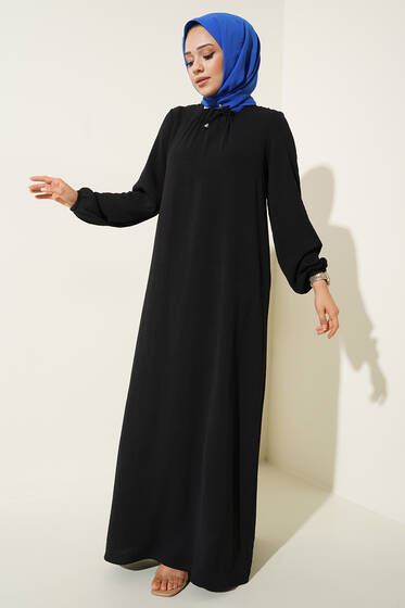 Yaka Büzgülü Ayrobin Elbise Siyah - Tesettür Elbise