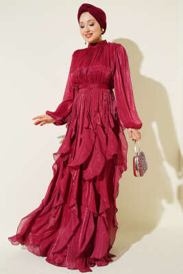 Yaka Büzgülü Fırfırlı Abiye Elbise Bordo - CNR TEKSTİL