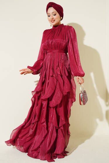 Yaka Büzgülü Fırfırlı Abiye Elbise Bordo - Elbise