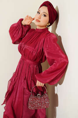 Yaka Büzgülü Fırfırlı Abiye Elbise Bordo - Elbise