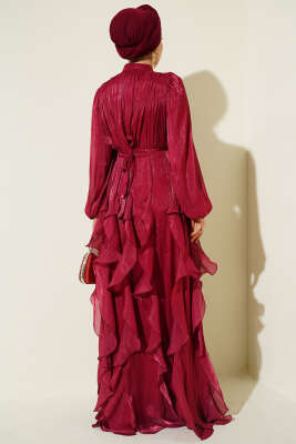 Yaka Büzgülü Fırfırlı Abiye Elbise Bordo - Elbise