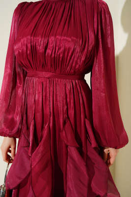 Yaka Büzgülü Fırfırlı Abiye Elbise Bordo - Elbise