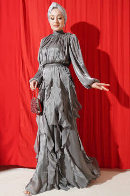 Yaka Büzgülü Fırfırlı Abiye Elbise Gri - CNR TEKSTİL