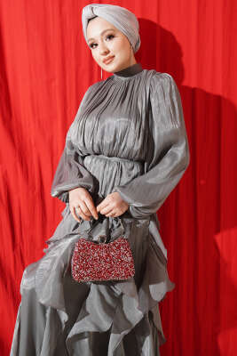 Yaka Büzgülü Fırfırlı Abiye Elbise Gri - Elbise