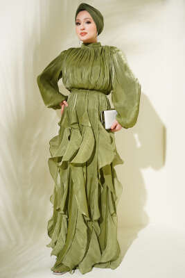 Yaka Büzgülü Fırfırlı Abiye Elbise Haki - CNR TEKSTİL