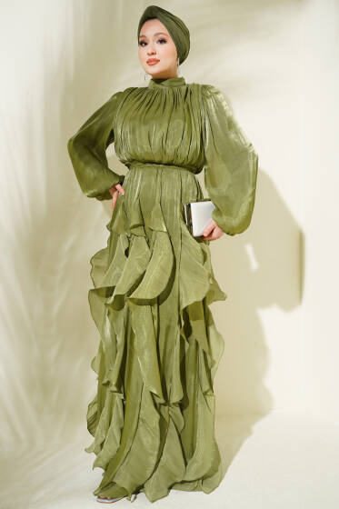 Yaka Büzgülü Fırfırlı Abiye Elbise Haki - Elbise