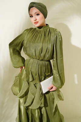 Yaka Büzgülü Fırfırlı Abiye Elbise Haki - Elbise
