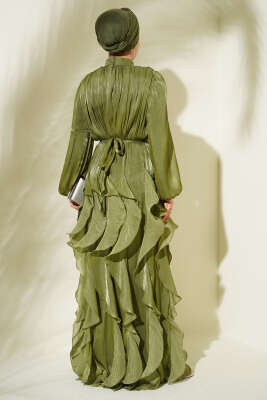 Yaka Büzgülü Fırfırlı Abiye Elbise Haki - Elbise