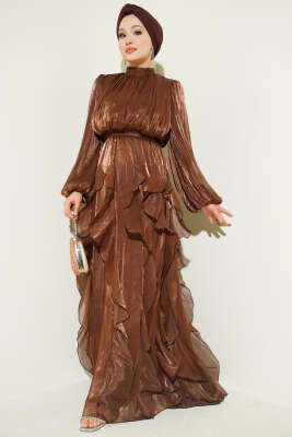 Yaka Büzgülü Fırfırlı Abiye Elbise Kahve - CNR TEKSTİL