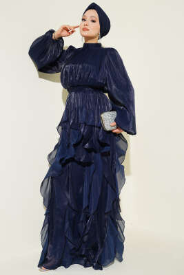 Yaka Büzgülü Fırfırlı Abiye Elbise Lacivert - CNR TEKSTİL