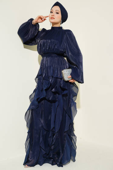 Yaka Büzgülü Fırfırlı Abiye Elbise Lacivert - Elbise