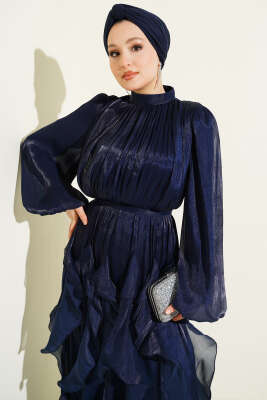 Yaka Büzgülü Fırfırlı Abiye Elbise Lacivert - Elbise