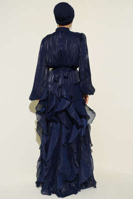 Yaka Büzgülü Fırfırlı Abiye Elbise Lacivert - Elbise