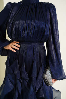 Yaka Büzgülü Fırfırlı Abiye Elbise Lacivert - Elbise