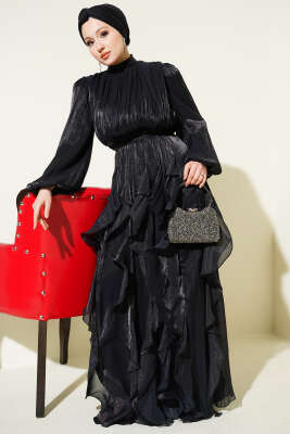 Yaka Büzgülü Fırfırlı Abiye Elbise Siyah - CNR TEKSTİL