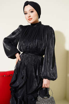 Yaka Büzgülü Fırfırlı Abiye Elbise Siyah - Elbise