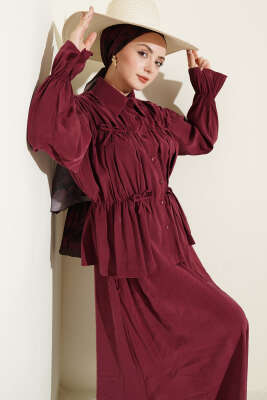 Yaka Büzgülü Fiyonklu Etekli İkili Takım Bordo - NEVA MODA