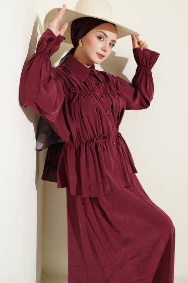 Yaka Büzgülü Fiyonklu Etekli İkili Takım Bordo - İkili Takım