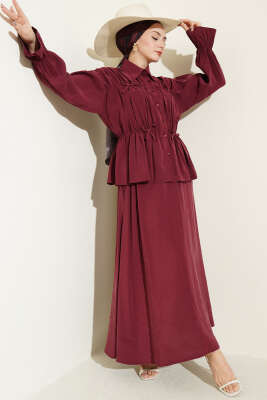 Yaka Büzgülü Fiyonklu Etekli İkili Takım Bordo - İkili Takım