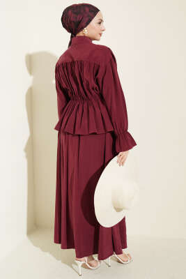 Yaka Büzgülü Fiyonklu Etekli İkili Takım Bordo - İkili Takım
