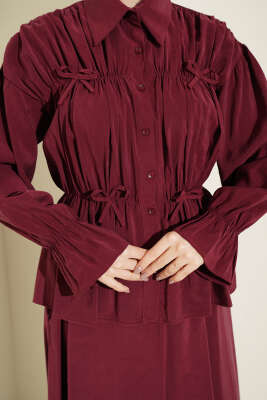 Yaka Büzgülü Fiyonklu Etekli İkili Takım Bordo - İkili Takım