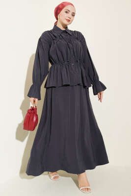 Yaka Büzgülü Fiyonklu Etekli İkili Takım Füme - NEVA MODA