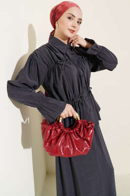 Yaka Büzgülü Fiyonklu Etekli İkili Takım Füme - İkili Takım