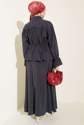 Yaka Büzgülü Fiyonklu Etekli İkili Takım Füme - İkili Takım