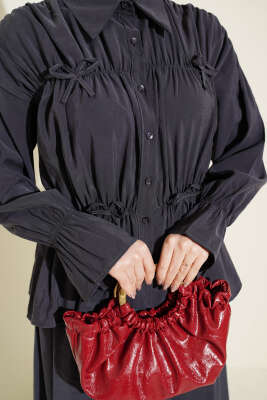 Yaka Büzgülü Fiyonklu Etekli İkili Takım Füme - İkili Takım