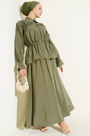 Yaka Büzgülü Fiyonklu Etekli İkili Takım Haki - İkili Takım