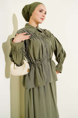 Yaka Büzgülü Fiyonklu Etekli İkili Takım Haki - İkili Takım