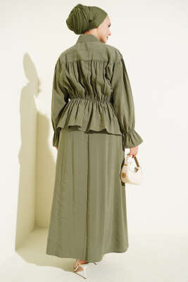 Yaka Büzgülü Fiyonklu Etekli İkili Takım Haki - İkili Takım