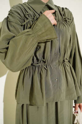 Yaka Büzgülü Fiyonklu Etekli İkili Takım Haki - İkili Takım