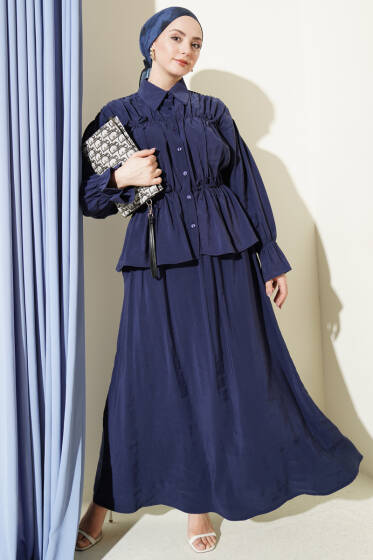 Yaka Büzgülü Fiyonklu Etekli İkili Takım Lacivert - İkili Takım