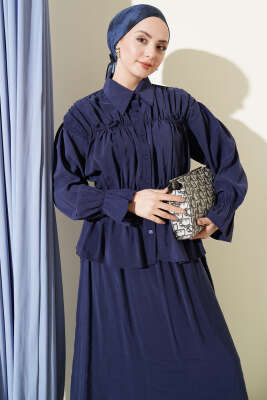 Yaka Büzgülü Fiyonklu Etekli İkili Takım Lacivert - İkili Takım
