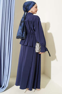 Yaka Büzgülü Fiyonklu Etekli İkili Takım Lacivert - İkili Takım