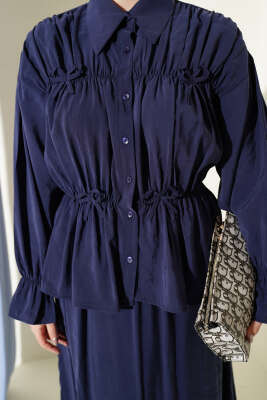 Yaka Büzgülü Fiyonklu Etekli İkili Takım Lacivert - İkili Takım