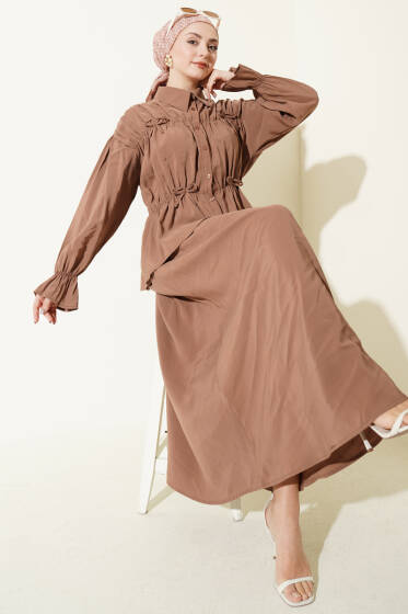 Yaka Büzgülü Fiyonklu Etekli İkili Takım Latte - İkili Takım