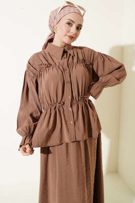 Yaka Büzgülü Fiyonklu Etekli İkili Takım Latte - İkili Takım