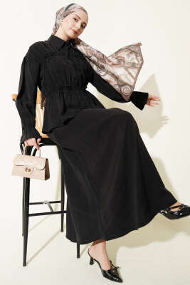 Yaka Büzgülü Fiyonklu Etekli İkili Takım Siyah - NEVA MODA