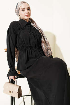 Yaka Büzgülü Fiyonklu Etekli İkili Takım Siyah - İkili Takım