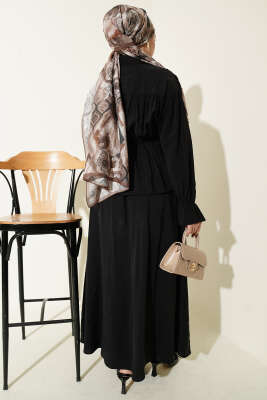 Yaka Büzgülü Fiyonklu Etekli İkili Takım Siyah - İkili Takım