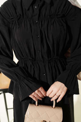 Yaka Büzgülü Fiyonklu Etekli İkili Takım Siyah - İkili Takım