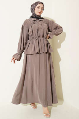 Yaka Büzgülü Fiyonklu Etekli İkili Takım Vizon - NEVA MODA