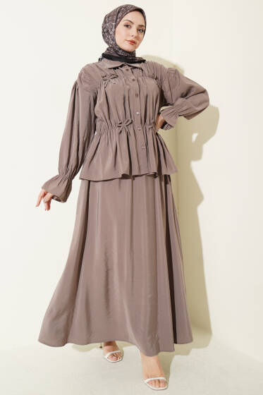 Yaka Büzgülü Fiyonklu Etekli İkili Takım Vizon - İkili Takım